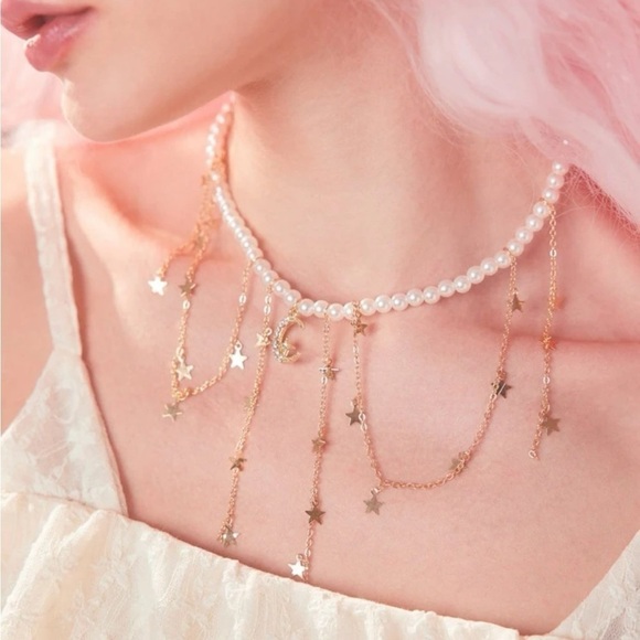 Gold Faux Pearl Rhinestone Moon Star Necklace - Picture 1 of 4